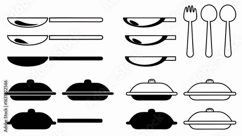 Illustration of cooking utensils including pans pots lids a fork and spoons displayed in a monochrome style silhouette