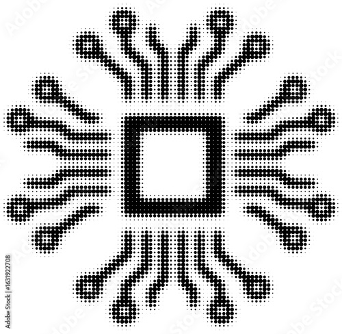 Black pixelated microchip icon with circuit lines