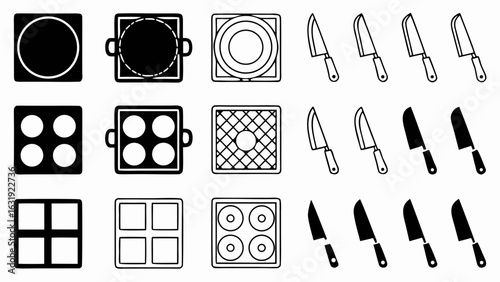 Illustration of various kitchen tools including cooking pots and knives arranged in a grid pattern design silhouette