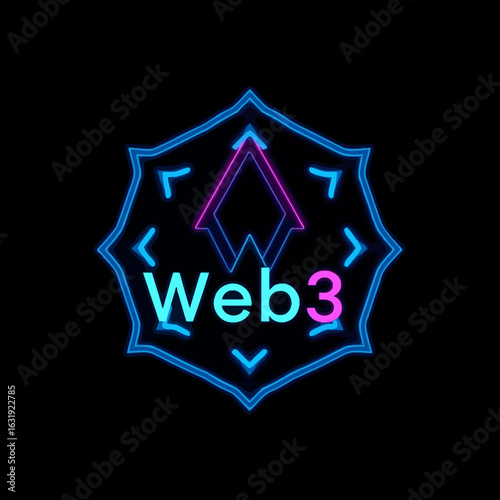 Neon Web3 logo, geometric design, vibrant colors, digital technology symbol.