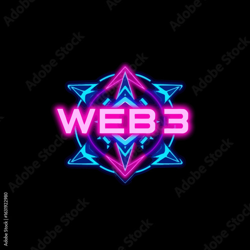 Neon "WEB3" text with a geometric, star-shaped, glowing background in pink and blue against a black backdrop.