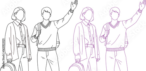 Illustration of students waving goodbye in pink and gray tones vector
