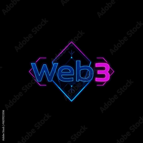 The words "Web3" are displayed with a neon glow, framed by geometric shapes on a black background.