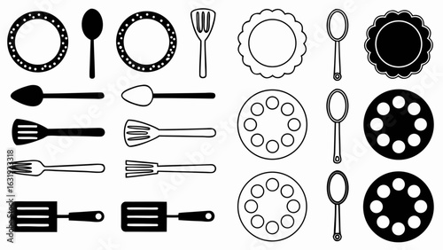 Illustration of kitchen utensils including plates, spoons, forks, and spatulas arranged in rows and columns silhouette
