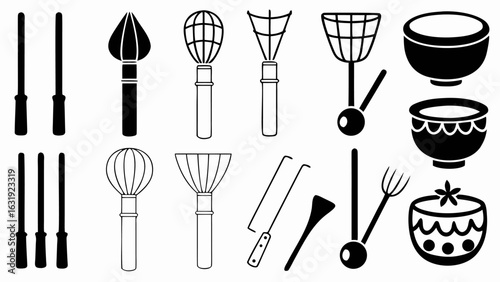 Illustration of various kitchen utensils including whisks spatulas and bowls in black and white color scheme silhouette