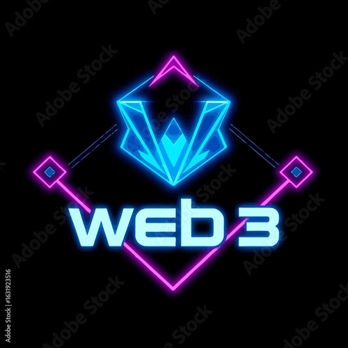 A stylized "WEB3" logo with a geometric design, glowing in neon blue and pink against a black background.