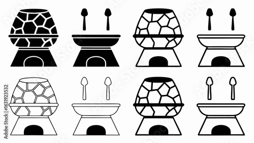 Collection of fondue sets and spoons in black and white line art style with various representations silhouette