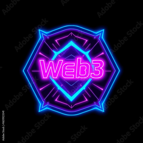Neon Web3 logo design with geometric shapes, glowing in blue and pink against a dark background.