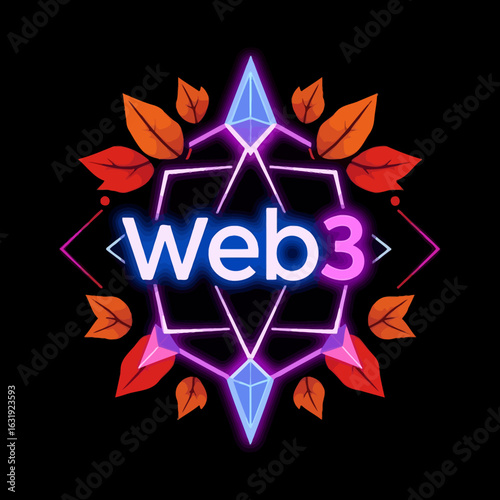 Neon-lit Web3 logo encircled by stylized leaves and geometric shapes.