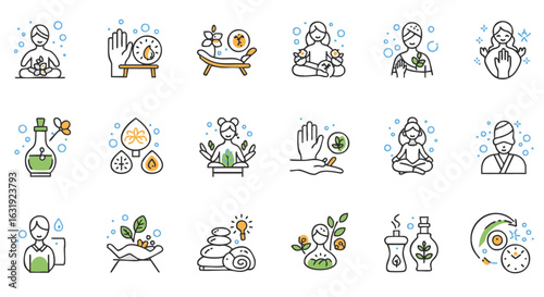 Ayurvedic medicine and spa wellness treatment line icon set. Holistic therapy, aromatherapy, and relaxation vector symbols.