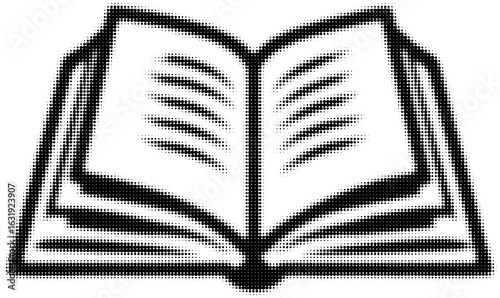 Black and white halftone illustration of an open book with pages visible