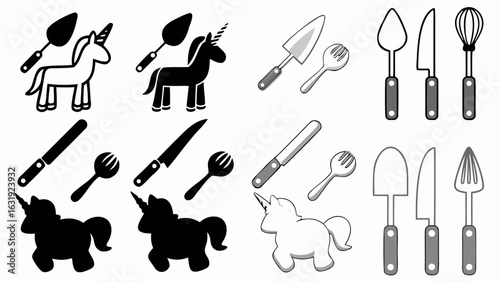 Illustration featuring unicorns alongside kitchen utensils such as knives and serving spoons displayed silhouette