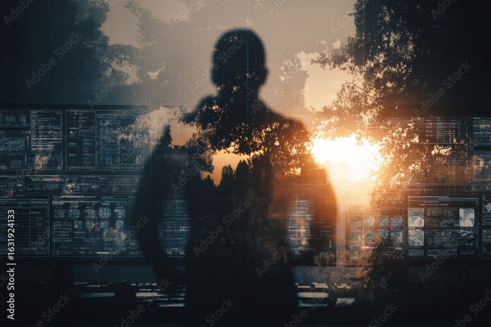 Fototapeta premium Transform your morning with city park jogging. Data visualization ui. Spatial control interface redefines how we manage digital information. Exercise park. Interface future trends.