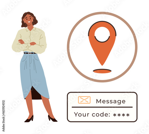 Woman standing confidently next to a large location marker and a message verification code. Ideal for authentication, security, location, navigation, identity verification, digital access, passwords