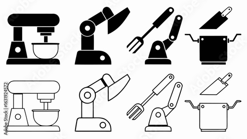 Illustration of kitchen appliances including mixers, robotic arms, and cooking utensils in black and white silhouette