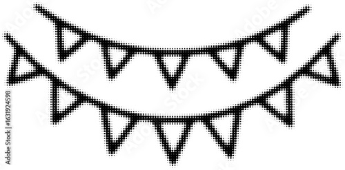 Black and white illustration of festive pennant banners in dotted style