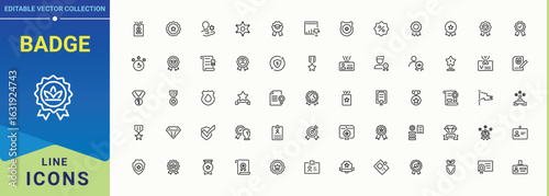Badge modern line icon set. Minimal thin line web icons set. Badge icon. It contains symbols to championship, champion, success, cup, rank, certificate, reward and more.