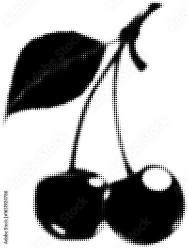 Two cherries and a leaf in halftone black and white style, pop art illustration