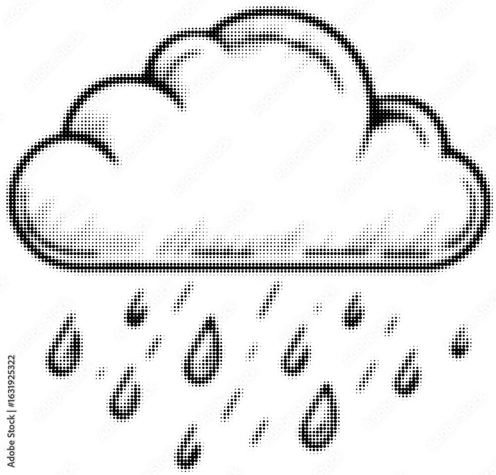 Obraz premium Halftone cloud raining with droplets in black and white illustration