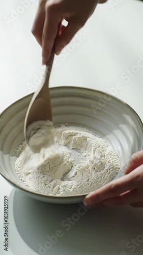 High-angle, extreme close-up video of a hand in neutral sleeves stirring natural flour with a light wooden spoon in a minimalist ceramic bowl, sharp focus on tactile textures and soft bokeh, bathed