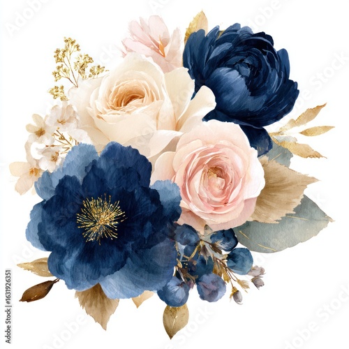 Floral bouquet in navy, blush, and gold