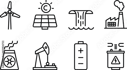 Renewable and non-renewable energy sources, solar, wind, hydro, nuclear, fossil fuels, power icons for sustainable technology and electricity.