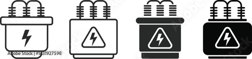 Electrical transformer icons set, high voltage power symbols, electricity safety, energy distribution, electric current, industrial equipment illustration.
