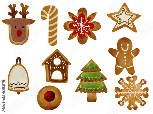 Watercolor Christmas Cookie Clipart Set – Gingerbread, Reindeer, Candy Cane, Tree & Snowflake. A festive set of watercolor Christmas cookie cliparts 
