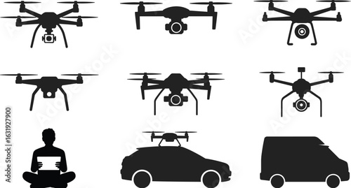 Drone technology, delivery drones, aerial photography, quadcopters, drone transportation, UAV icons, silhouette set, remote control drones, vehicles, innovation.