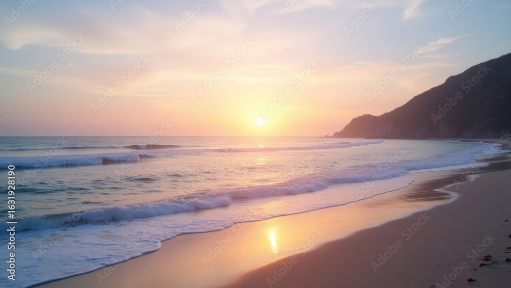 Obraz premium Pastel Rainbow Over Ocean Waves at Sunset on Serene Beach