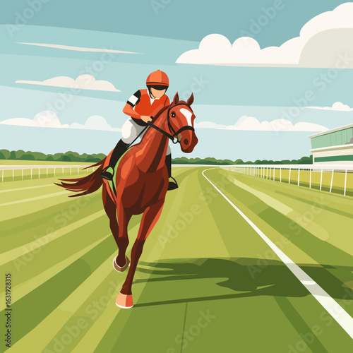 Vibrant Horse Racing Scene with Jockey in Action