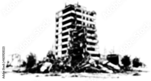Abstract halftone illustration of a tall building surrounded by trees and debris