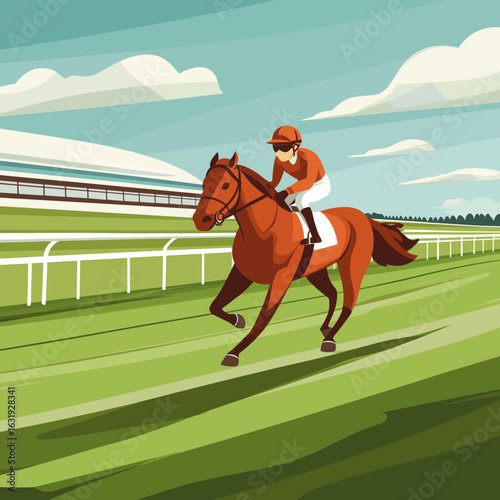 Vibrant Horse Racing Scene with Jockey in Action
