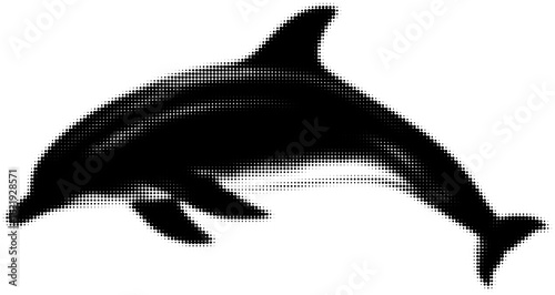 Black and white halftone illustration of a dolphin silhouette