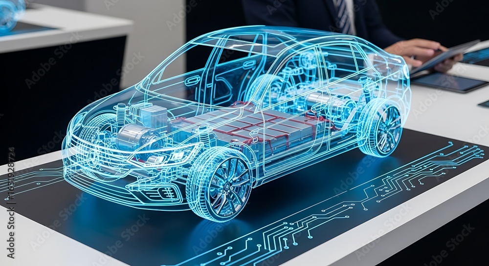 Naklejka premium Holographic projection of a futuristic electric car with internal components shown as neon blue lines on a circuit board surface