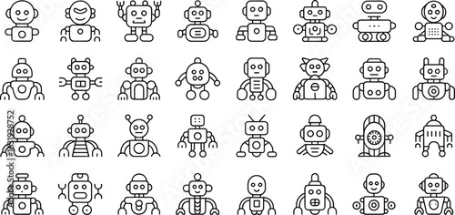 Collection of diverse robot icons, robot faces, cartoon robots, AI technology symbols, futuristic robots, automation, robotics, machine learning, artificial intelligence designs.