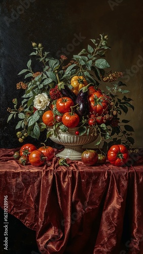 Still life painting of tomatoes, peppers, eggplants, and flowers in a vase on a red cloth