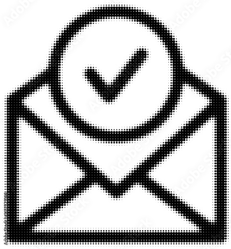 Check mark over an open envelope in a pixelated style image