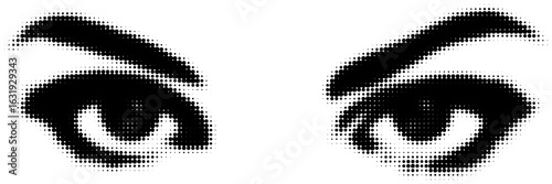 Halftone pattern of expressive eyes with raised eyebrows in black and white