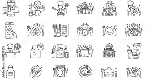 Collection of simple line art icons depicting various aspects of cooking, dining, and food service.