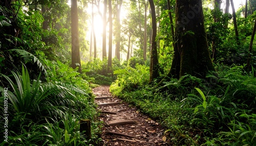 Wallpaper Mural Tranquil hiking trail through lush green forest with sunlight filtering through trees Torontodigital.ca