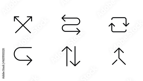 Minimalist Line Style Arrow Icons Set – U-Turn, Repeat, Shuffle, Merge, Loop, and Direction Symbols for UI, Mobile Apps, Web Design, Navigation, and Infographics