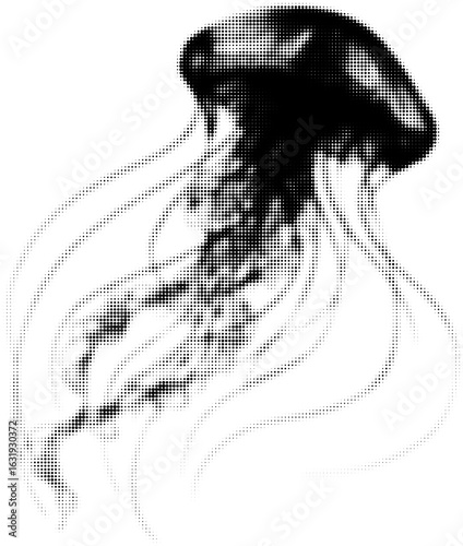 Black and white dot art of a jellyfish with flowing tentacles, abstract design