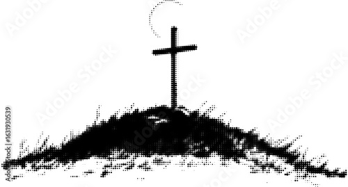 Silhouette of cross on hill under crescent moon, black and white minimalist art