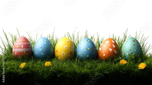 Colorful, decorated eggs arranged on grass for an Easter celebration during spring season