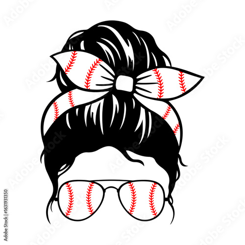 Baseball mama with ribbon and sunglasses svg cut file. Isolated vector illustration.