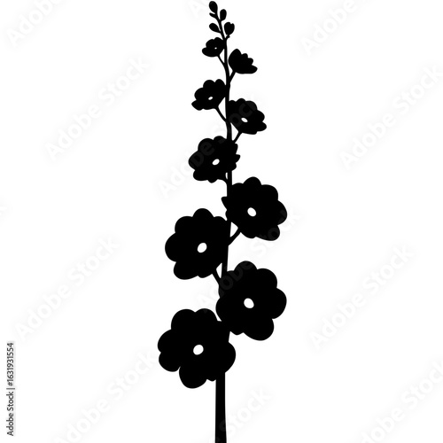 Minimalist black silhouette of hollyhock flower on white background
