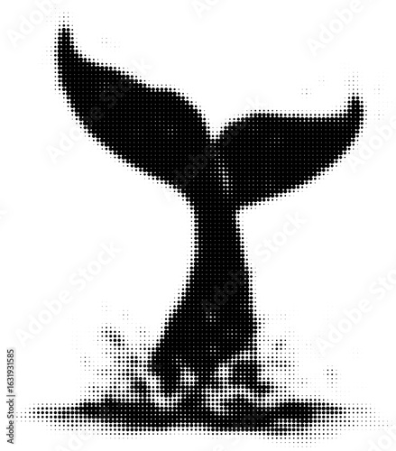 Silhouette of whale tail splashing with halftone dots in black and white
