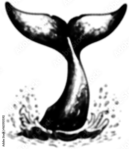 Whale tail emerging with splashes in monochrome dot art style