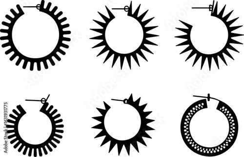 Black sunburst earrings, hoop earrings, spiky jewelry, fashion accessories, vector icons